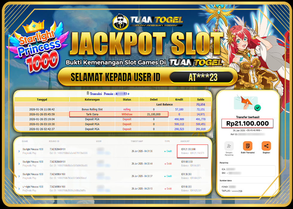 TUANTOGEL JACKPOT SLOT STARLIGHT PRINCESS 1000 Rp21.100.000,- LUNAS
